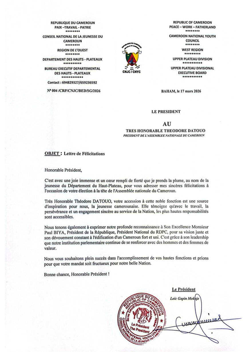 CNJC Hauts-Plateaux salue l’ascension de Théodore Ndatouo à la présidence de l’Assemblée nationale